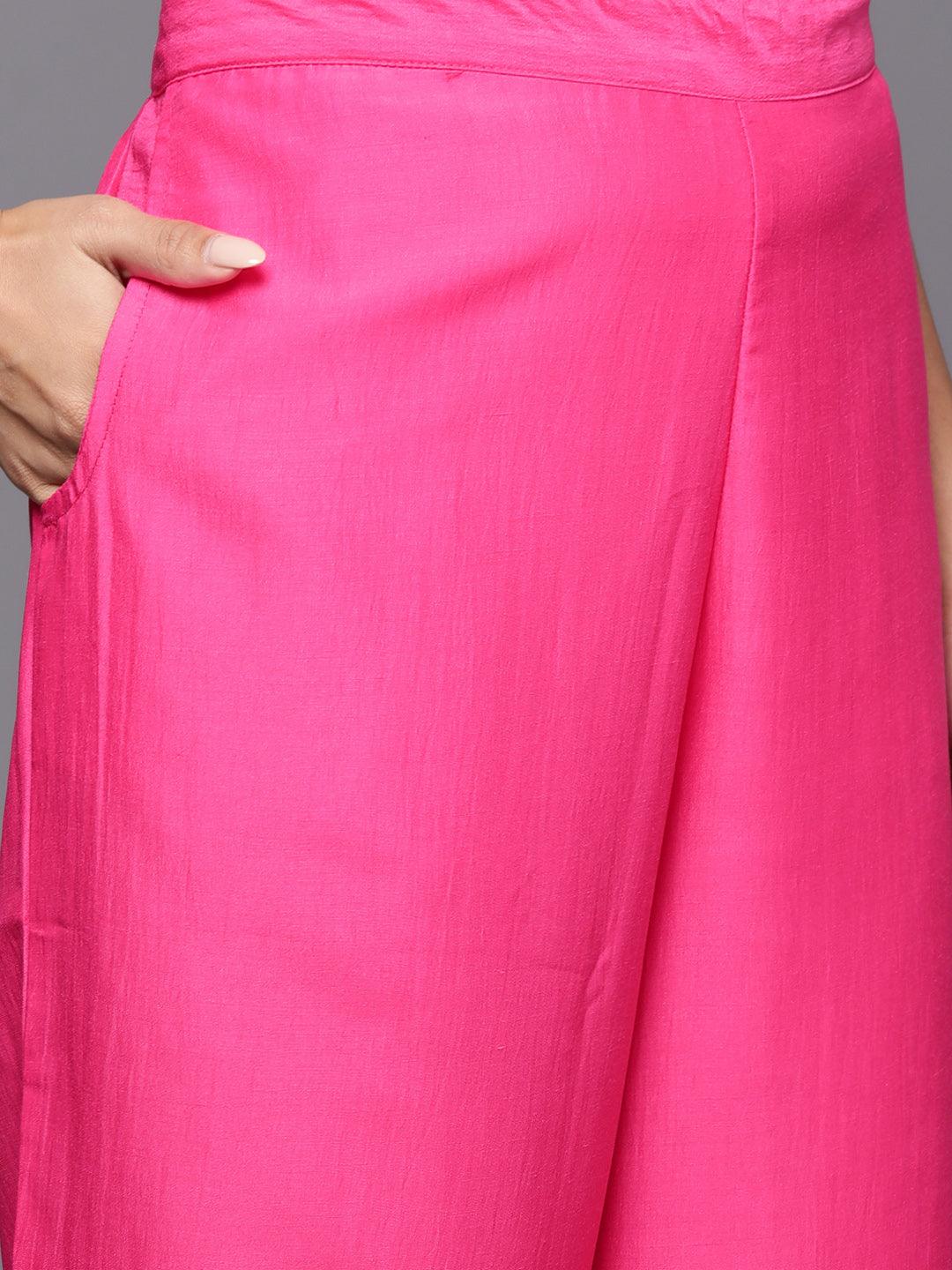 Pink Yoke Design Silk Blend Straight Kurta With Trousers & Dupatta - ShopLibas