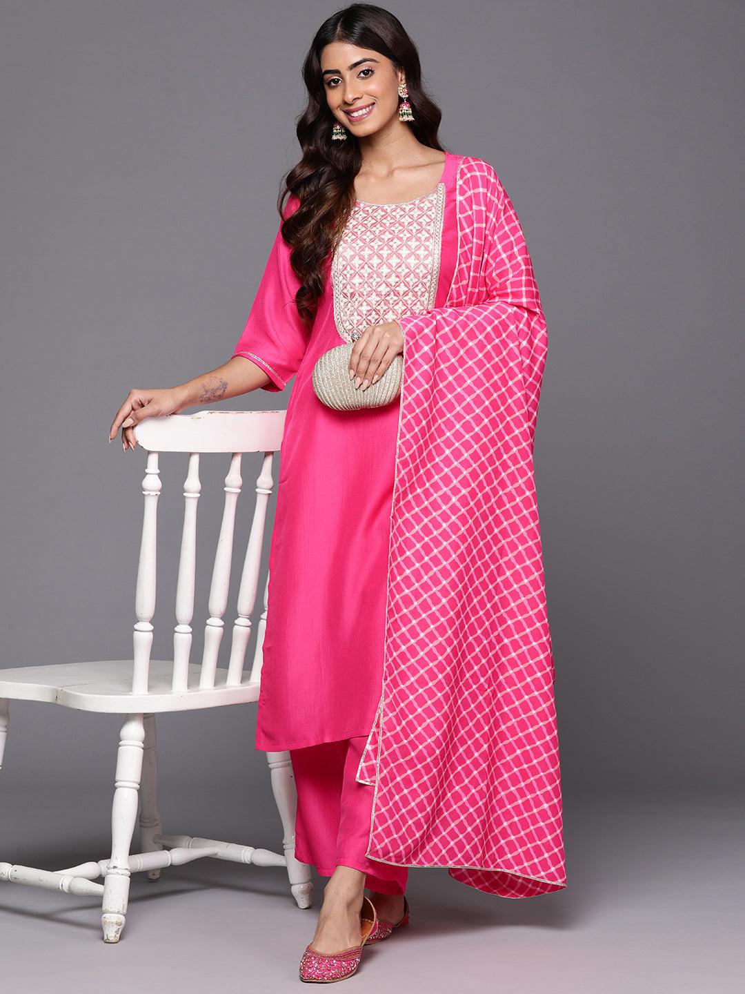 Pink Yoke Design Silk Blend Straight Kurta With Trousers & Dupatta - ShopLibas