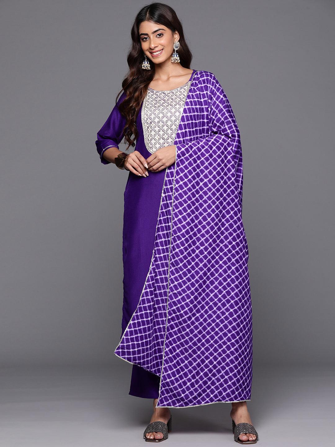 Purple Yoke Design Silk Blend Straight Kurta With Trousers & Dupatta - ShopLibas