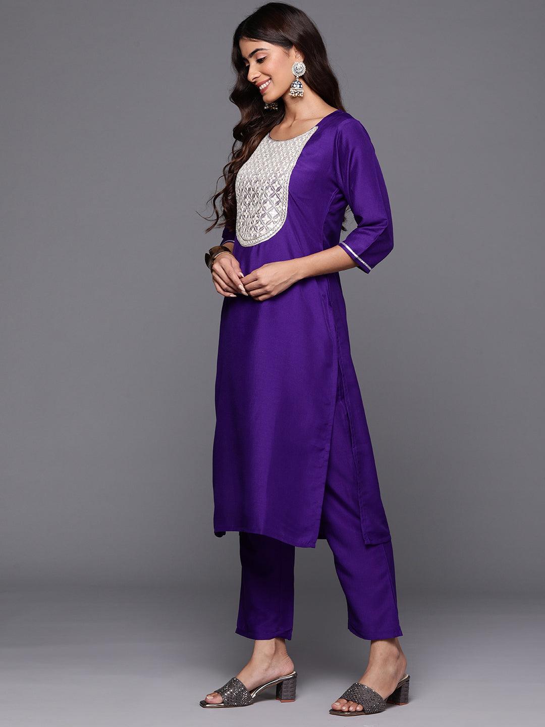 Purple Yoke Design Silk Blend Straight Kurta With Trousers & Dupatta - ShopLibas