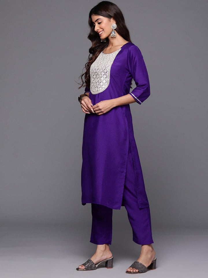 Purple Yoke Design Silk Blend Straight Suit With Dupatta