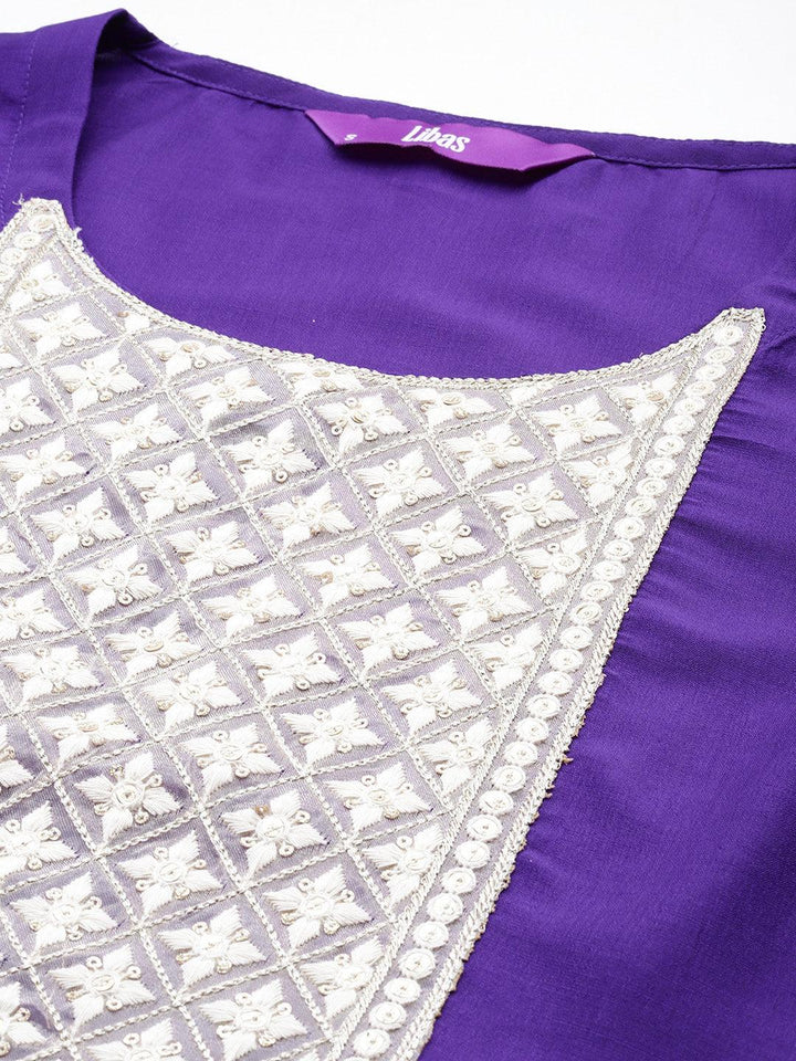 Purple Yoke Design Silk Blend Straight Suit With Dupatta