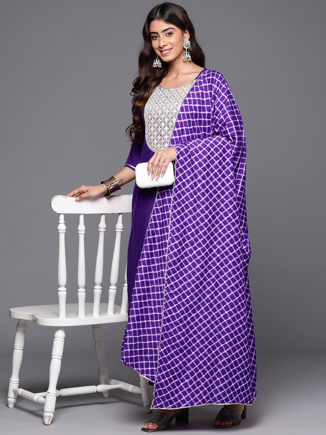 Purple Yoke Design Silk Blend Straight Kurta With Trousers & Dupatta - ShopLibas