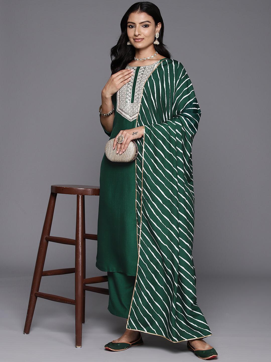 Green Yoke Design Silk Blend Straight Suit Set