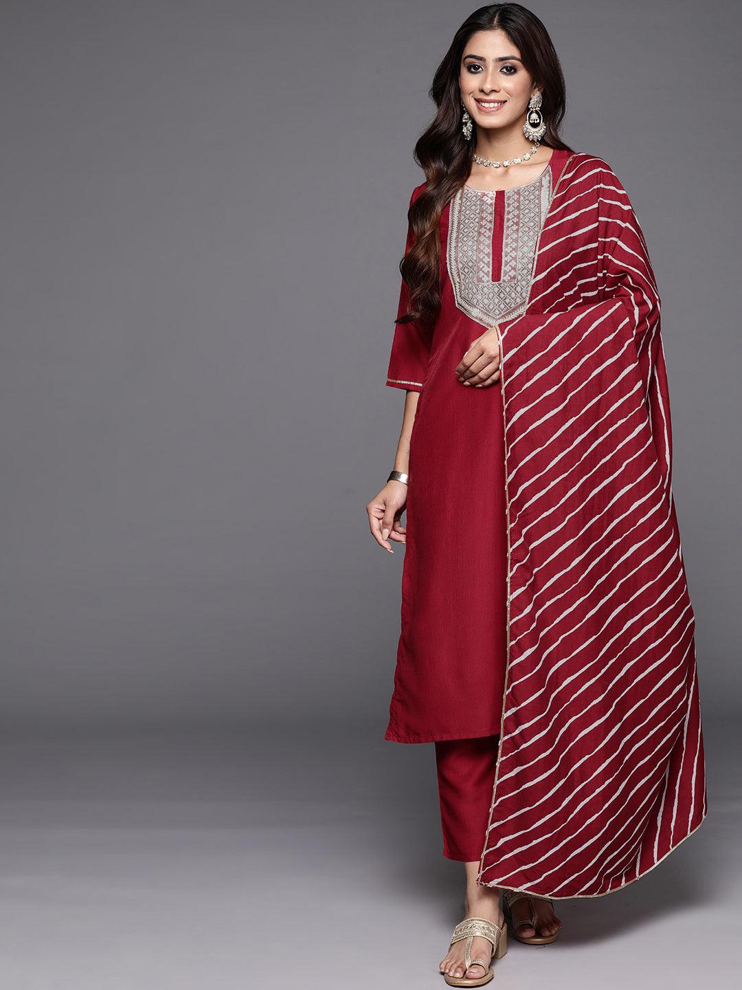 Red Yoke Design Silk Blend Straight Kurta With Trousers & Dupatta - ShopLibas