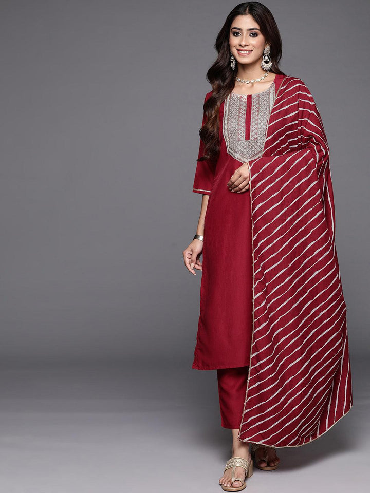 Red Yoke Design Silk Blend Straight Suit With Dupatta