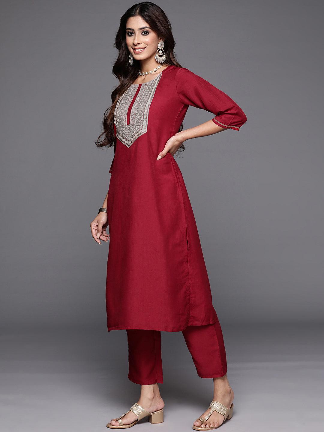 Red Yoke Design Silk Blend Straight Kurta With Trousers & Dupatta - ShopLibas
