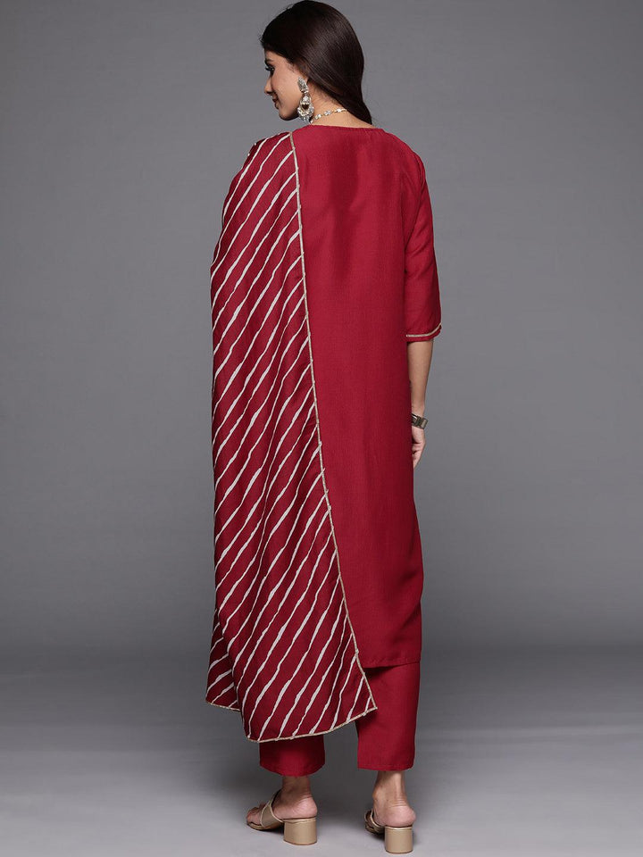 Red Yoke Design Silk Blend Straight Suit With Dupatta