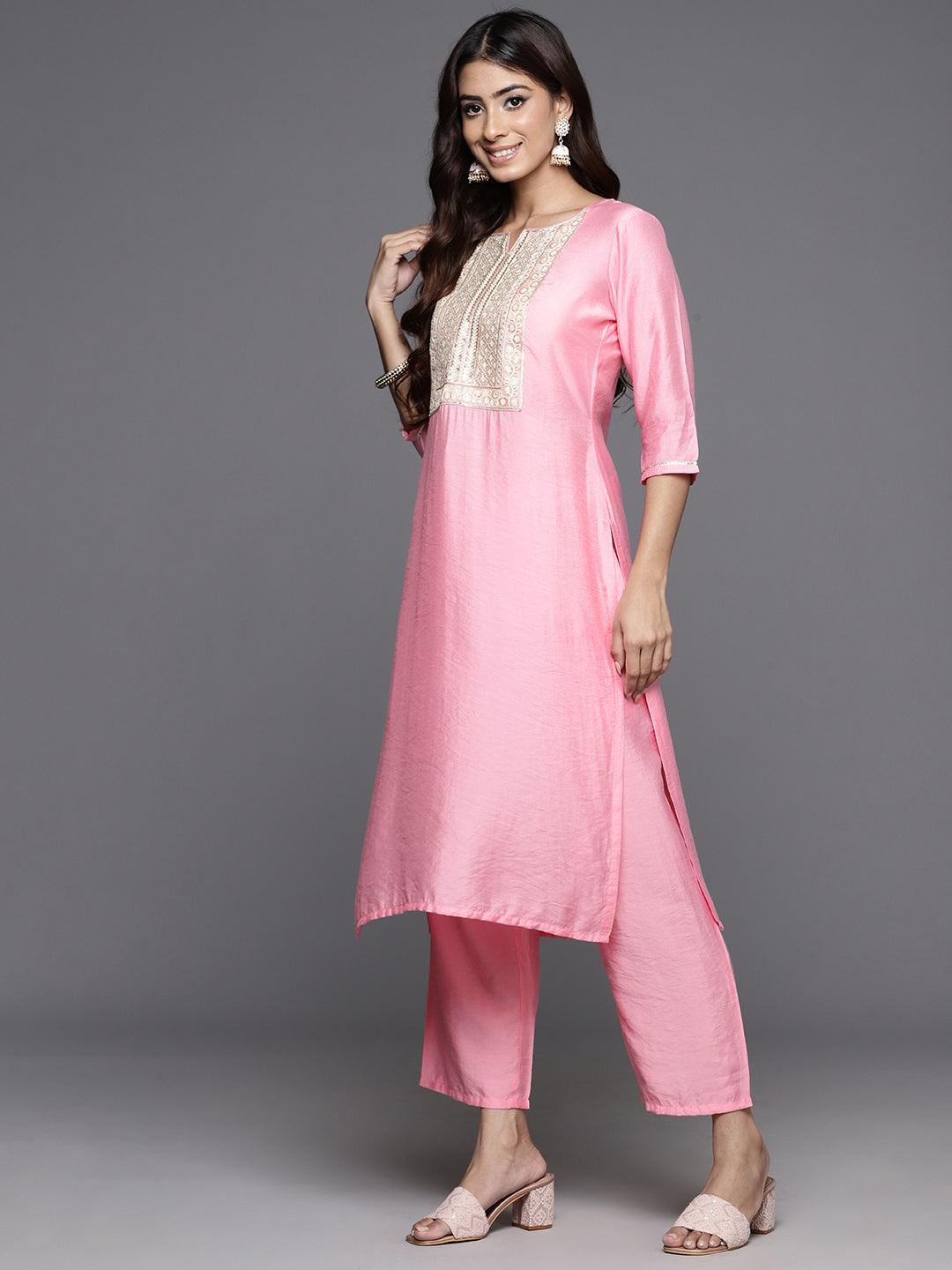 Pink Yoke Design Silk Blend Straight Kurta With Trousers & Dupatta - ShopLibas