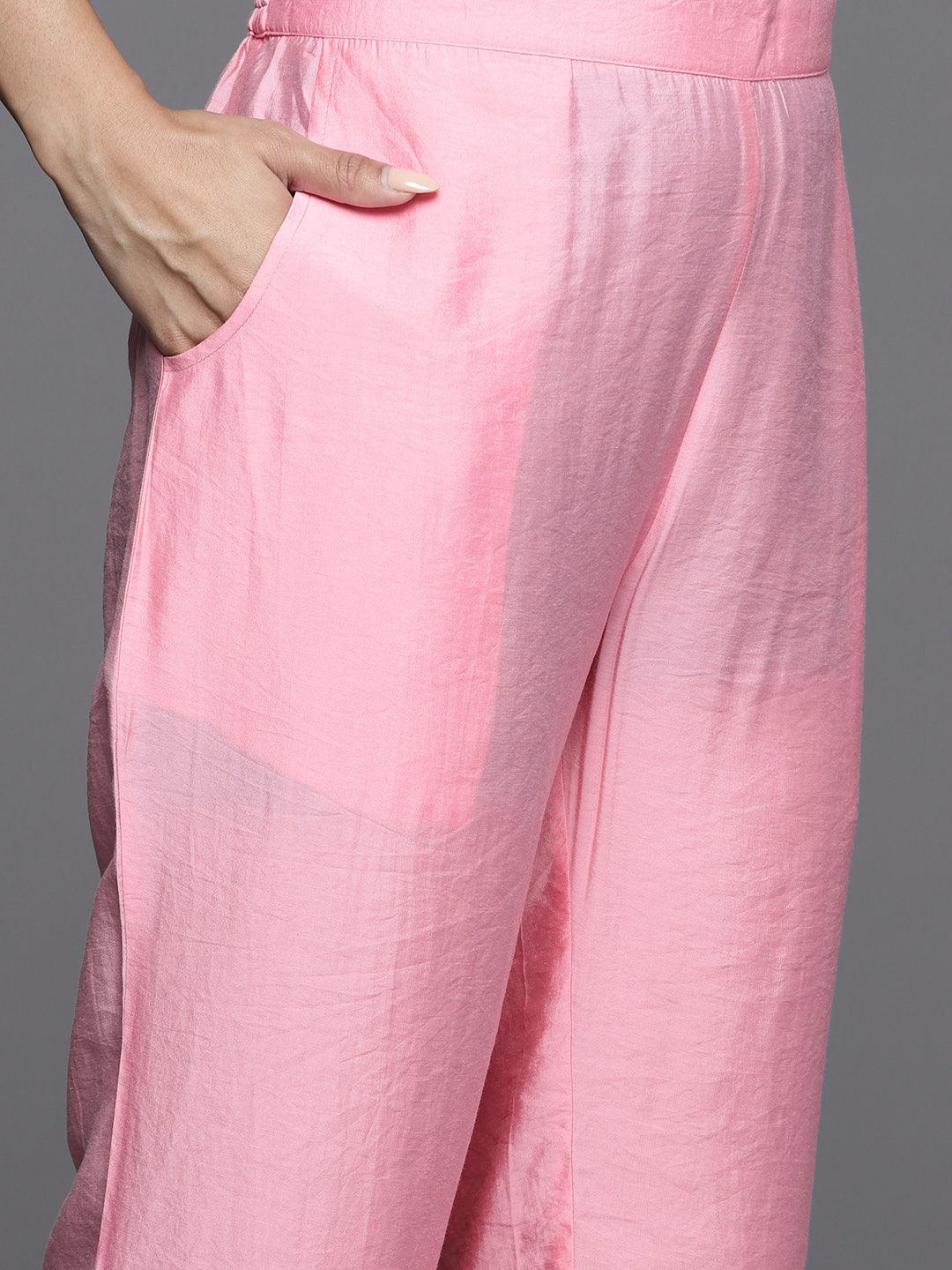 Pink Yoke Design Silk Blend Straight Kurta With Trousers & Dupatta - ShopLibas