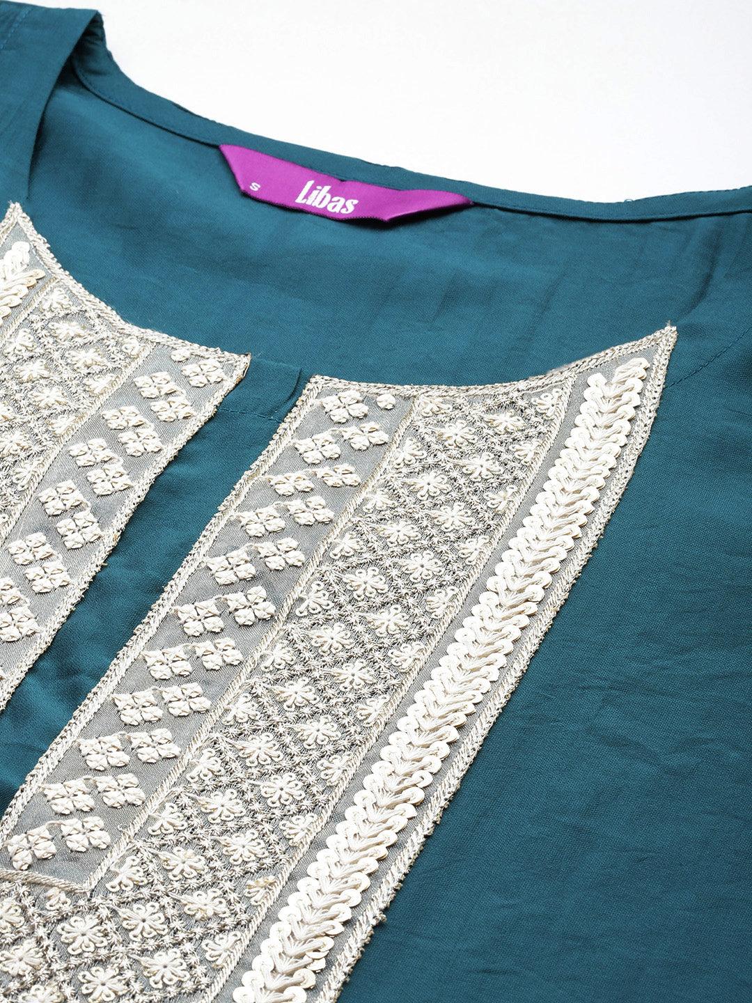 Blue Yoke Design Silk Blend Straight Kurta With Trousers & Dupatta - ShopLibas