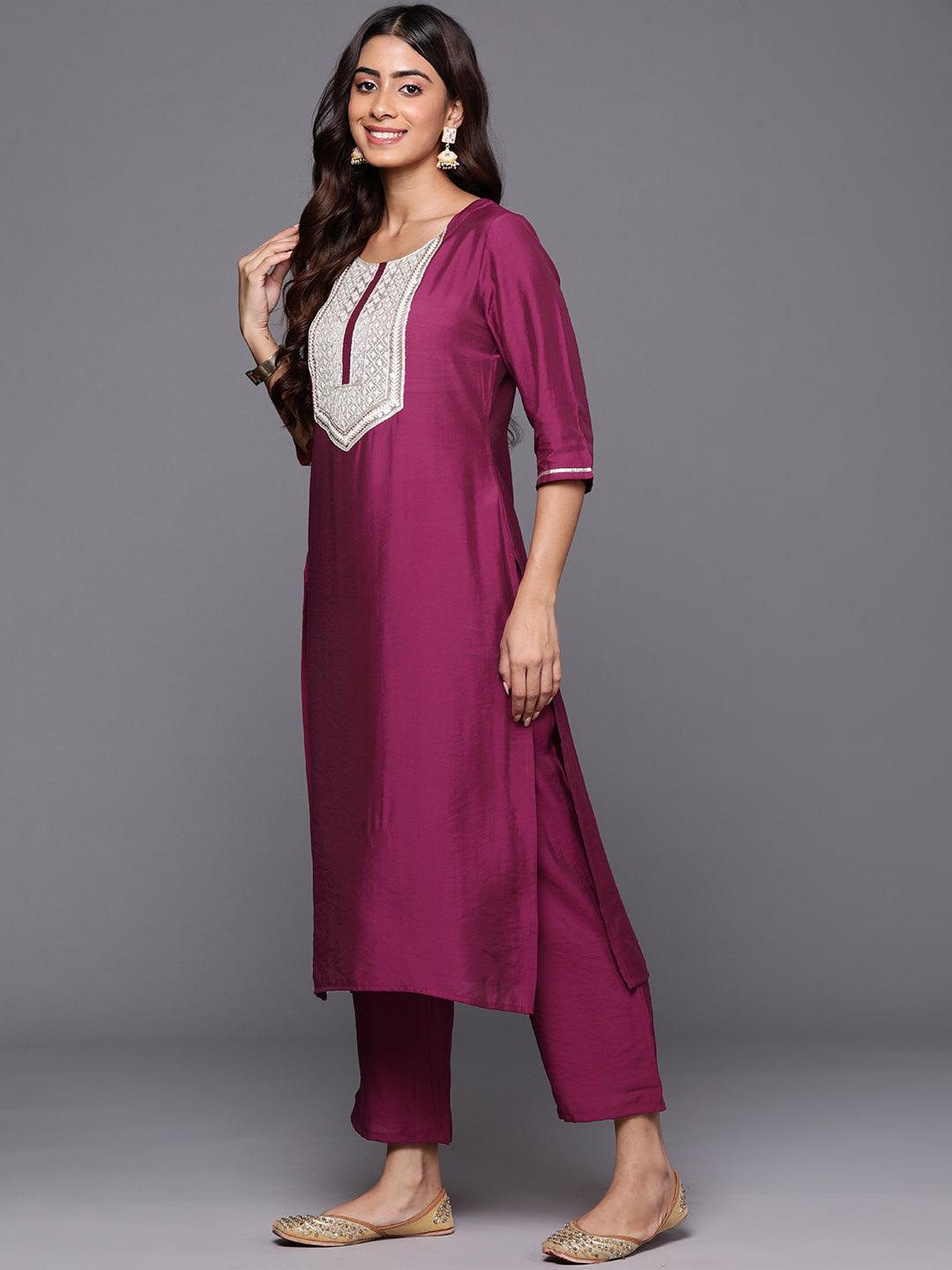 Wine Yoke Design Silk Blend Straight Kurta With Trousers & Dupatta - ShopLibas