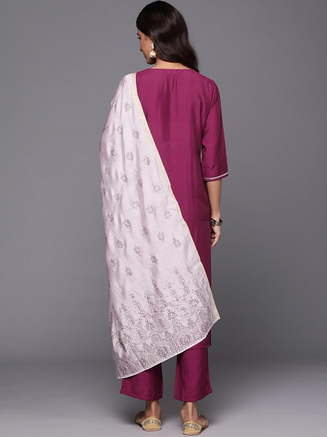 Wine Yoke Design Silk Blend Straight Kurta With Trousers & Dupatta - ShopLibas