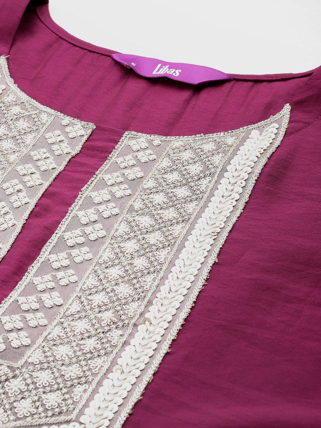 Wine Yoke Design Silk Blend Straight Kurta With Trousers & Dupatta - ShopLibas