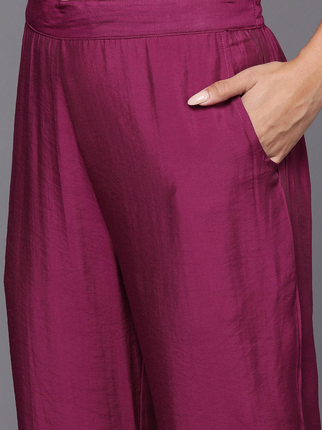 Wine Yoke Design Silk Blend Straight Kurta With Trousers & Dupatta - ShopLibas