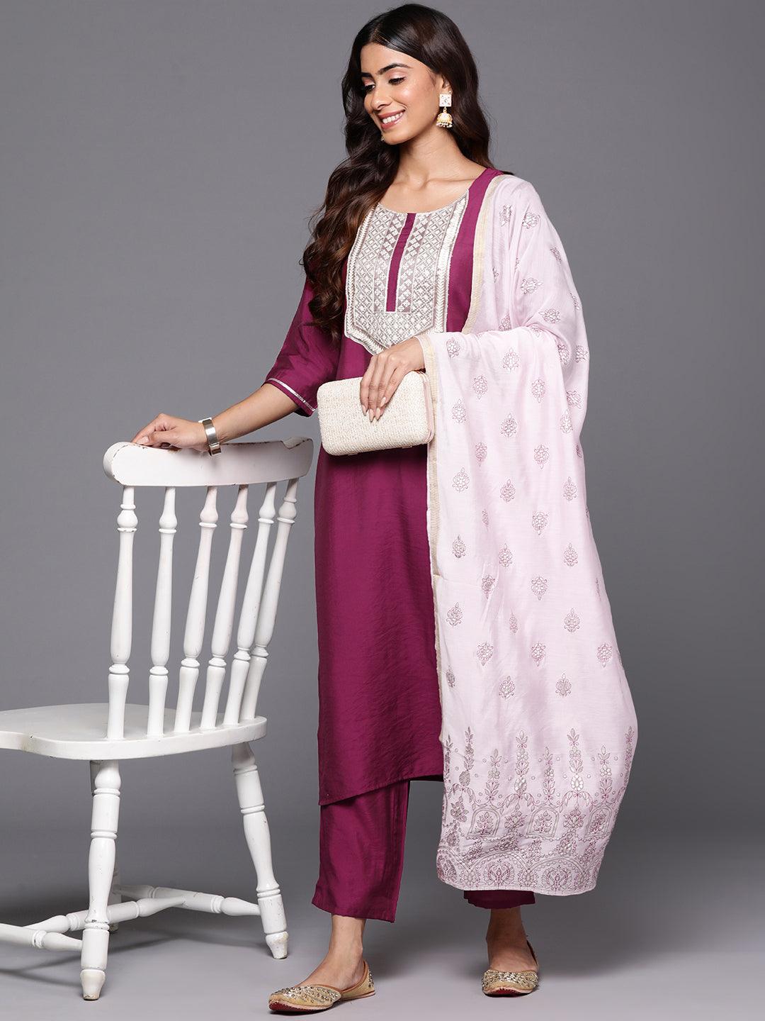 Wine Yoke Design Silk Blend Straight Kurta With Trousers & Dupatta - ShopLibas