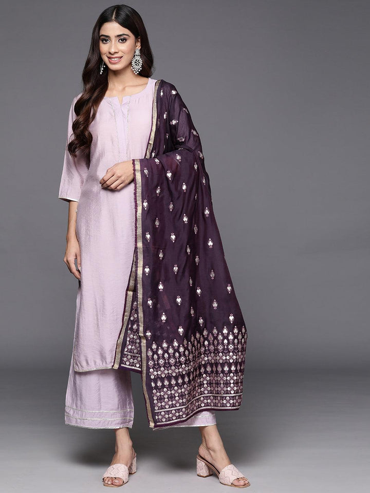 Mauve Solid Silk Blend Straight Suit With Dupatta