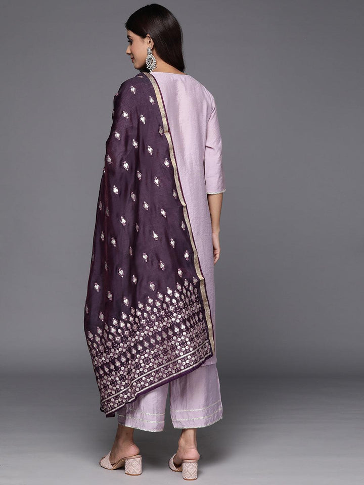 Mauve Solid Silk Blend Straight Suit With Dupatta