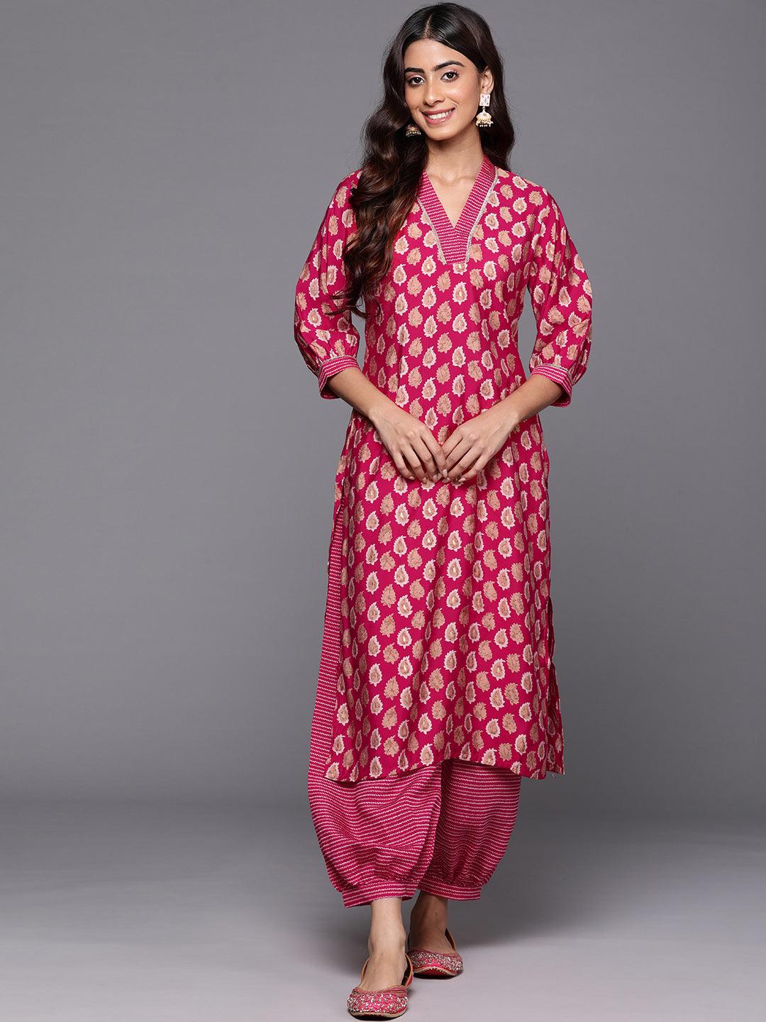 Pink Printed Silk Blend Straight Kurta With Salwar - ShopLibas