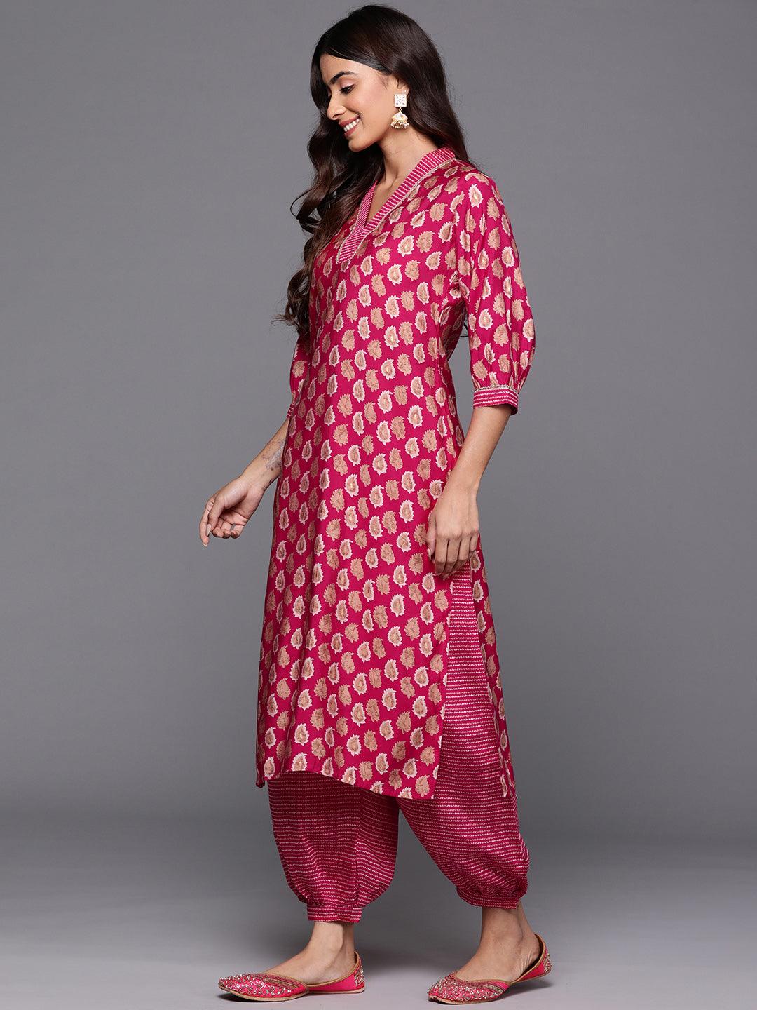 Pink Printed Silk Blend Straight Kurta With Salwar - ShopLibas