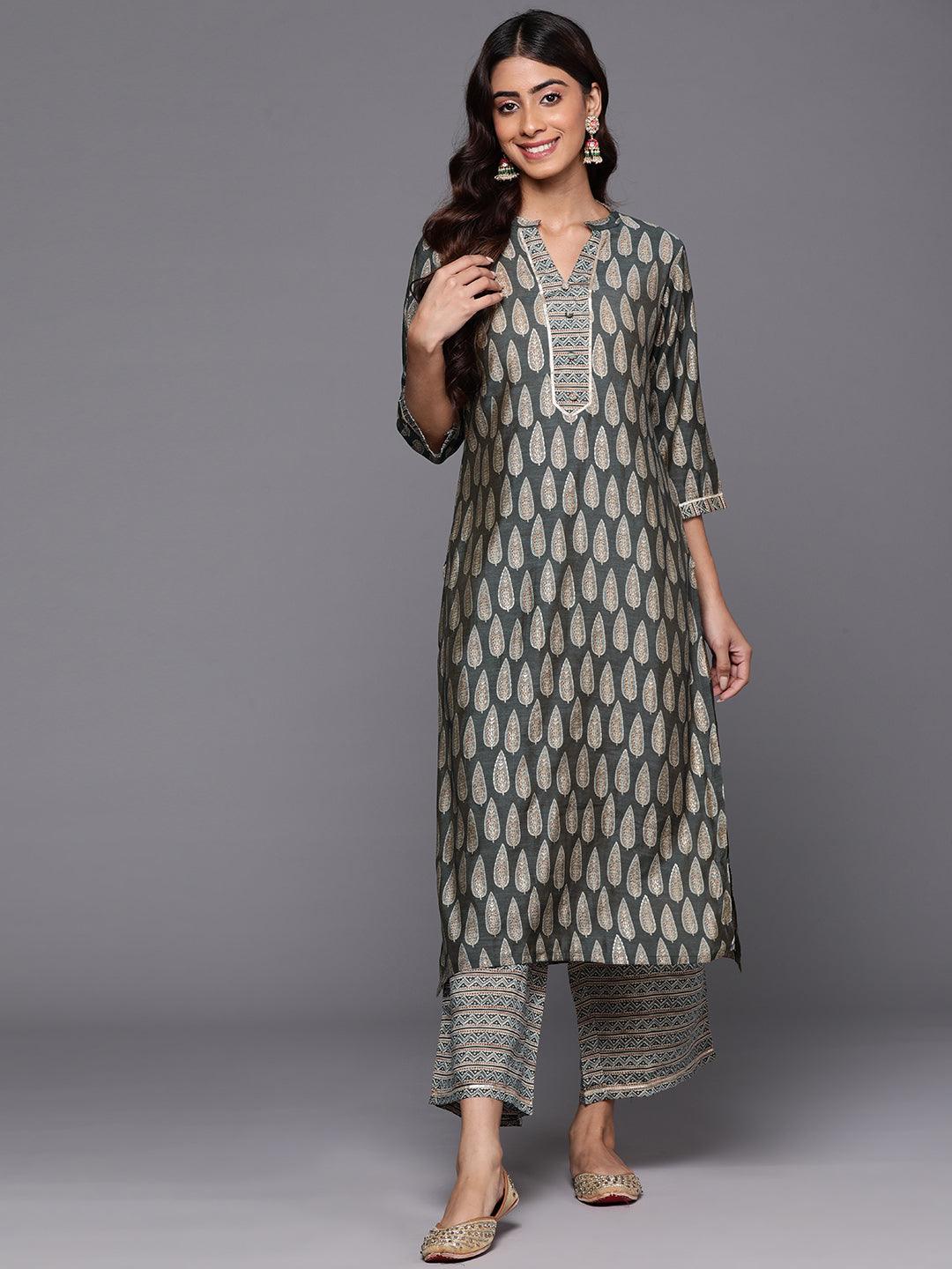 Olive Printed Silk Blend Straight Kurta With Palazzos - ShopLibas