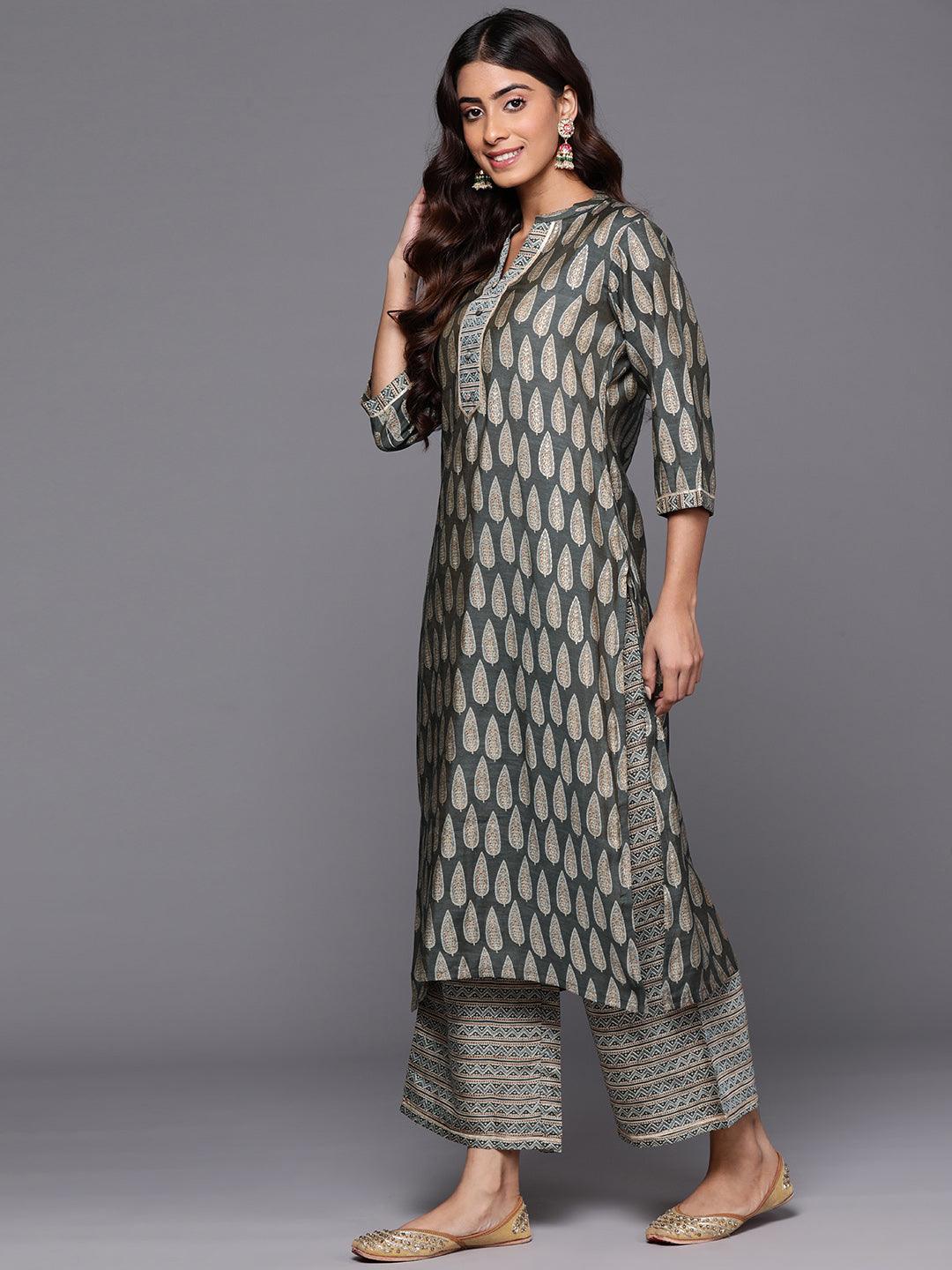 Olive Printed Silk Blend Straight Kurta With Palazzos - ShopLibas
