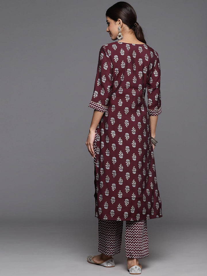 Wine Printed Silk Blend Straight Kurta Set