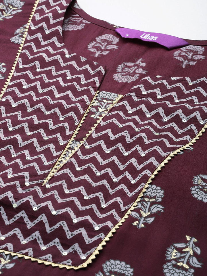 Wine Printed Silk Blend Straight Kurta Set