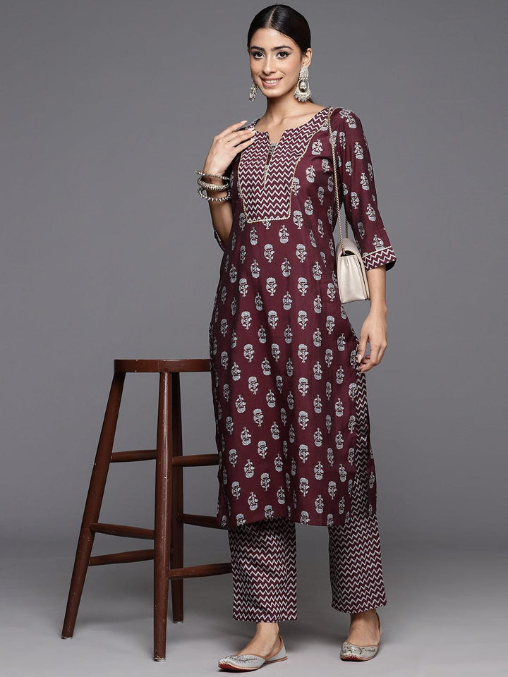 Wine Printed Silk Blend Straight Kurta Set