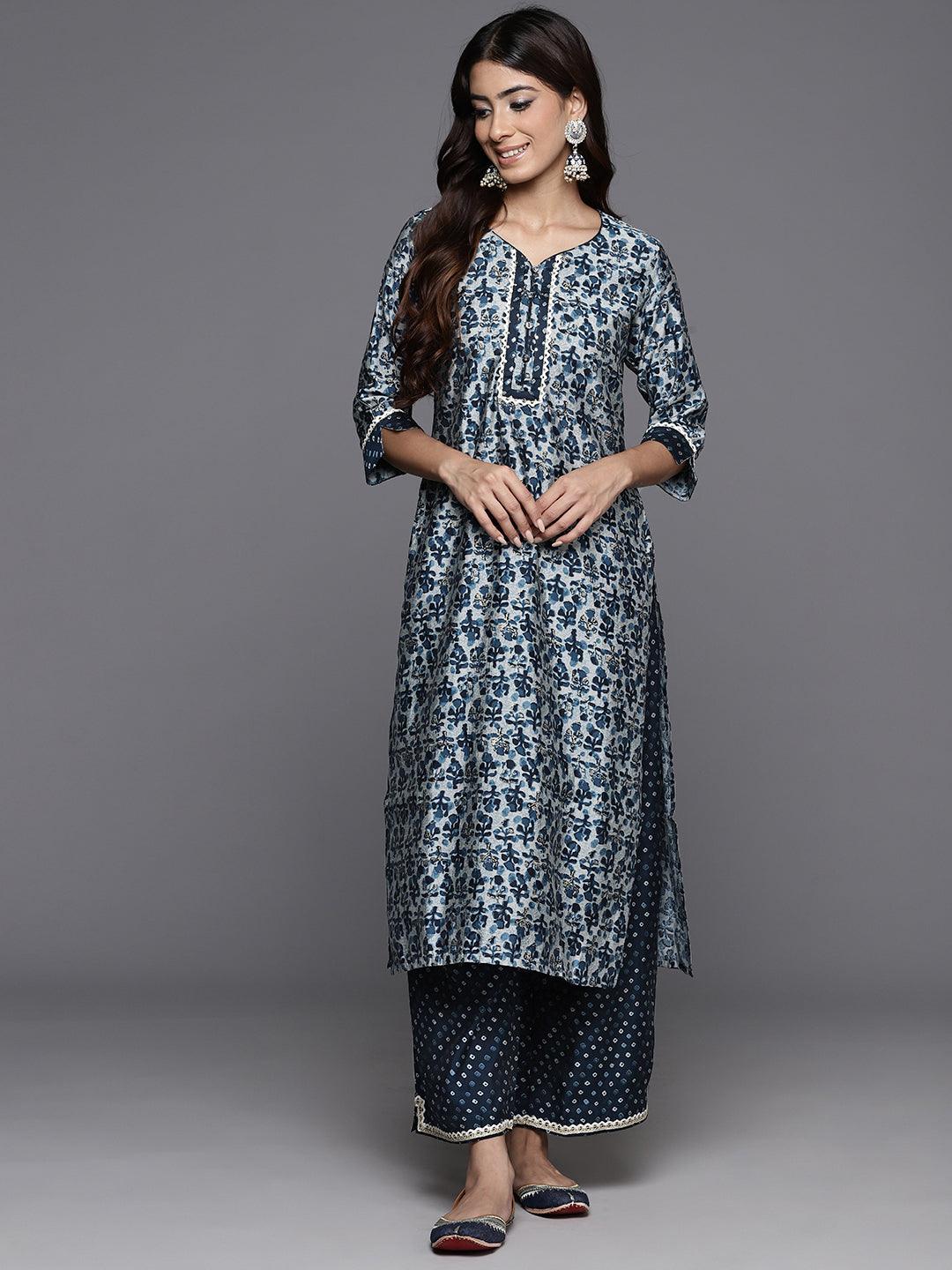Blue Printed Silk Blend Straight Kurta With Palazzos - ShopLibas