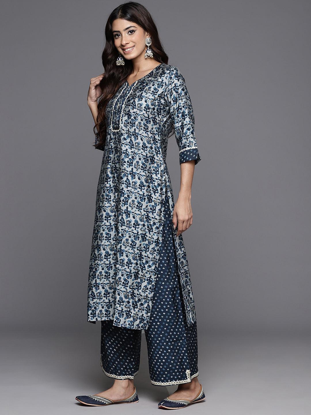 Blue Printed Silk Blend Straight Kurta With Palazzos - ShopLibas