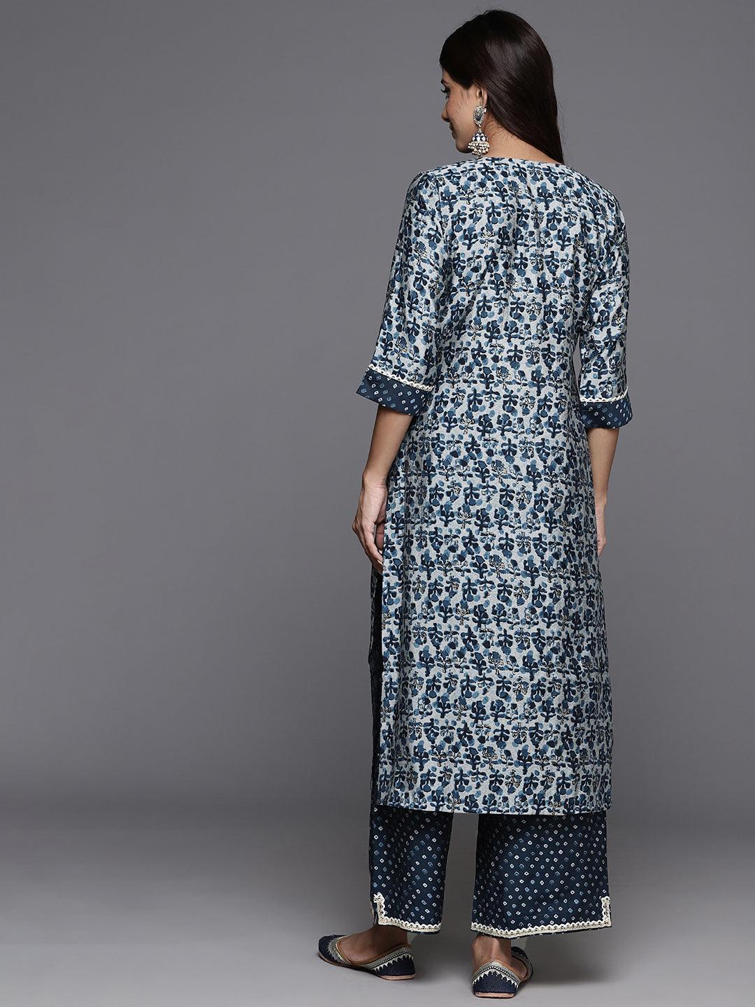 Blue Printed Silk Blend Straight Kurta With Palazzos - ShopLibas
