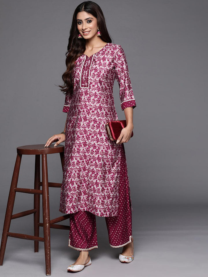 Maroon Printed Silk Blend Straight Kurta Set