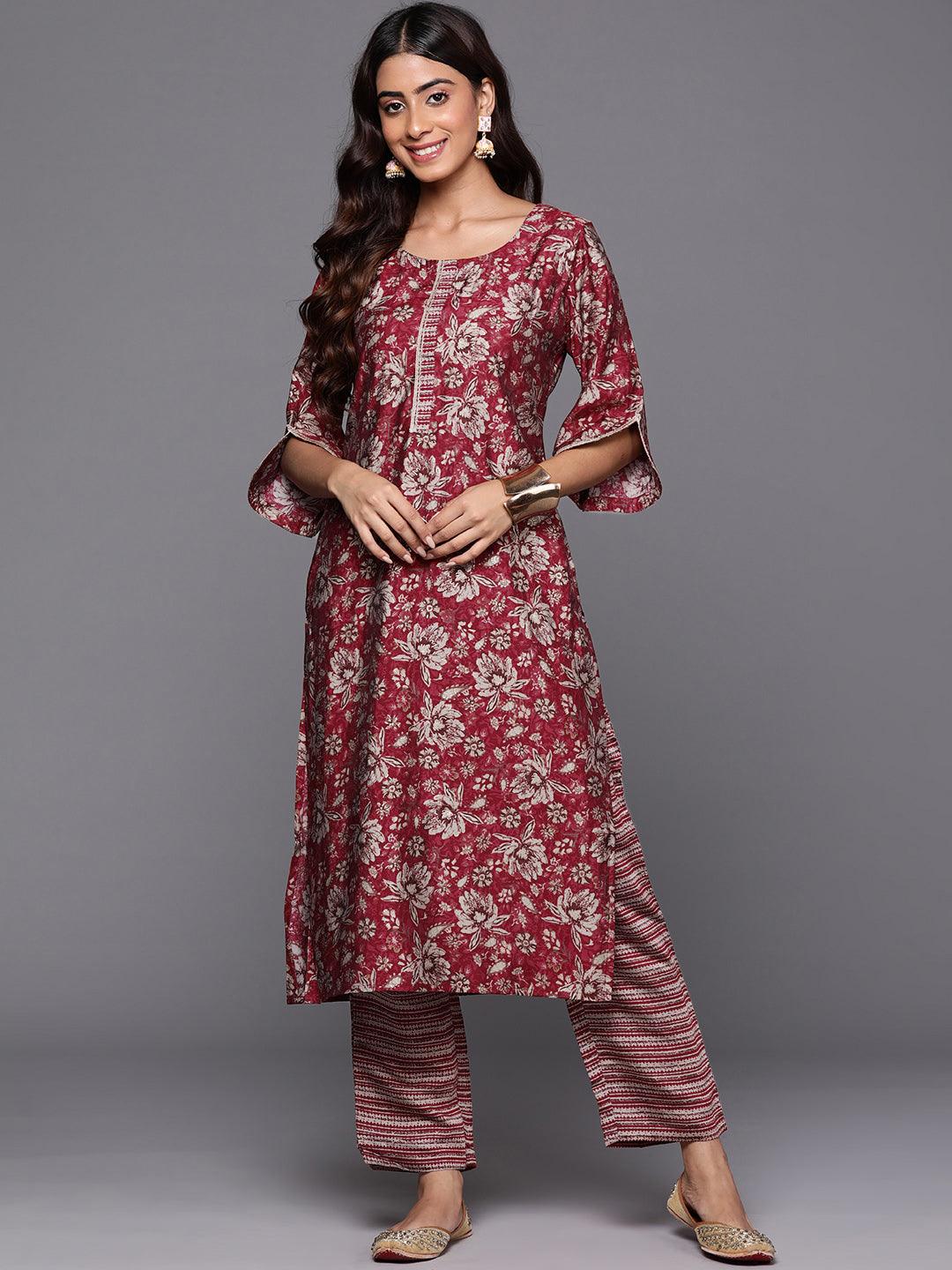 Maroon Printed Silk Blend Straight Kurta With Trousers - ShopLibas