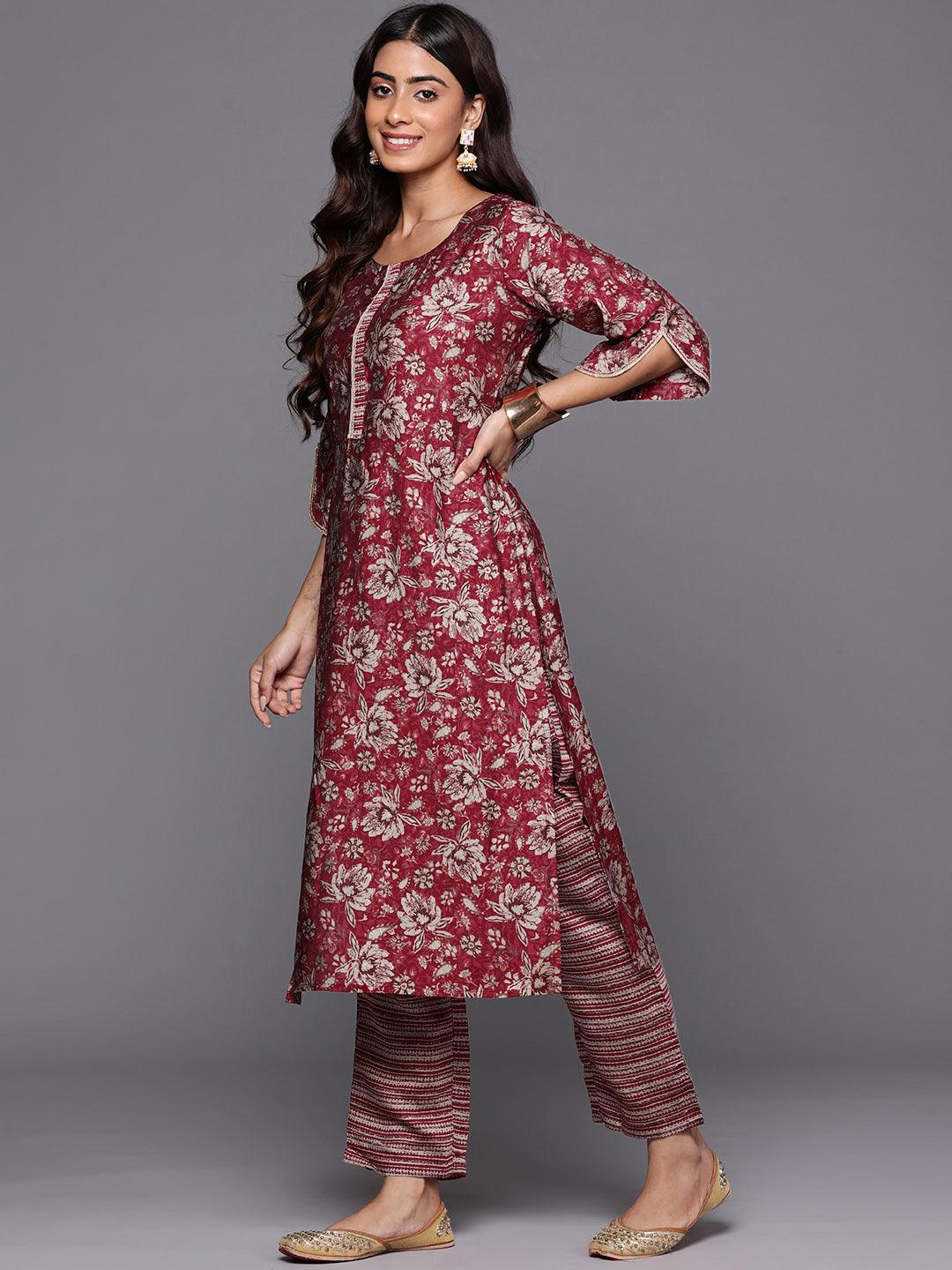 Maroon Printed Silk Blend Straight Kurta With Trousers - ShopLibas
