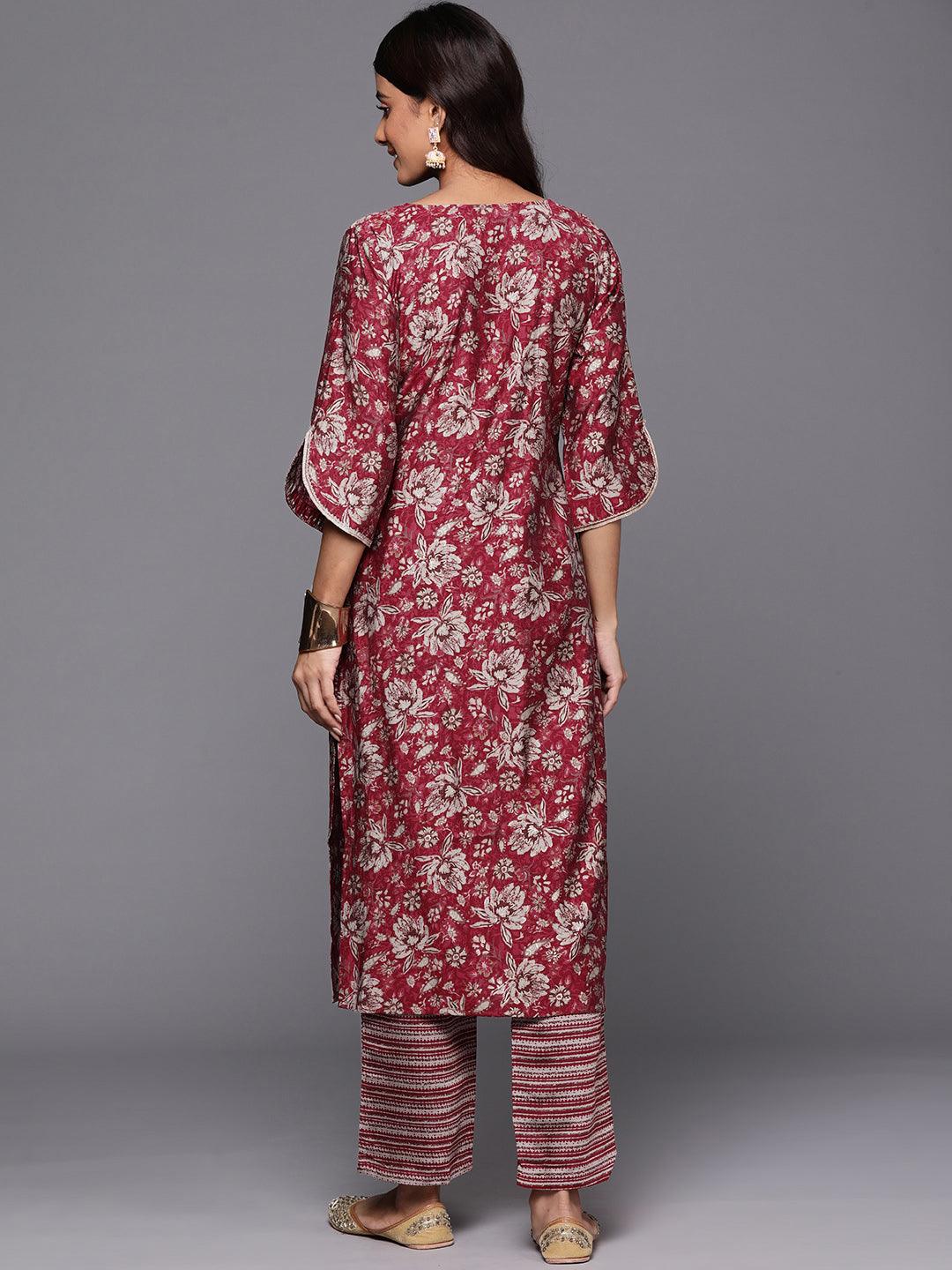 Maroon Printed Silk Blend Straight Kurta With Trousers - ShopLibas