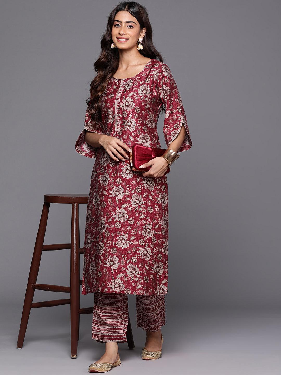 Maroon Printed Silk Blend Straight Kurta With Trousers - ShopLibas