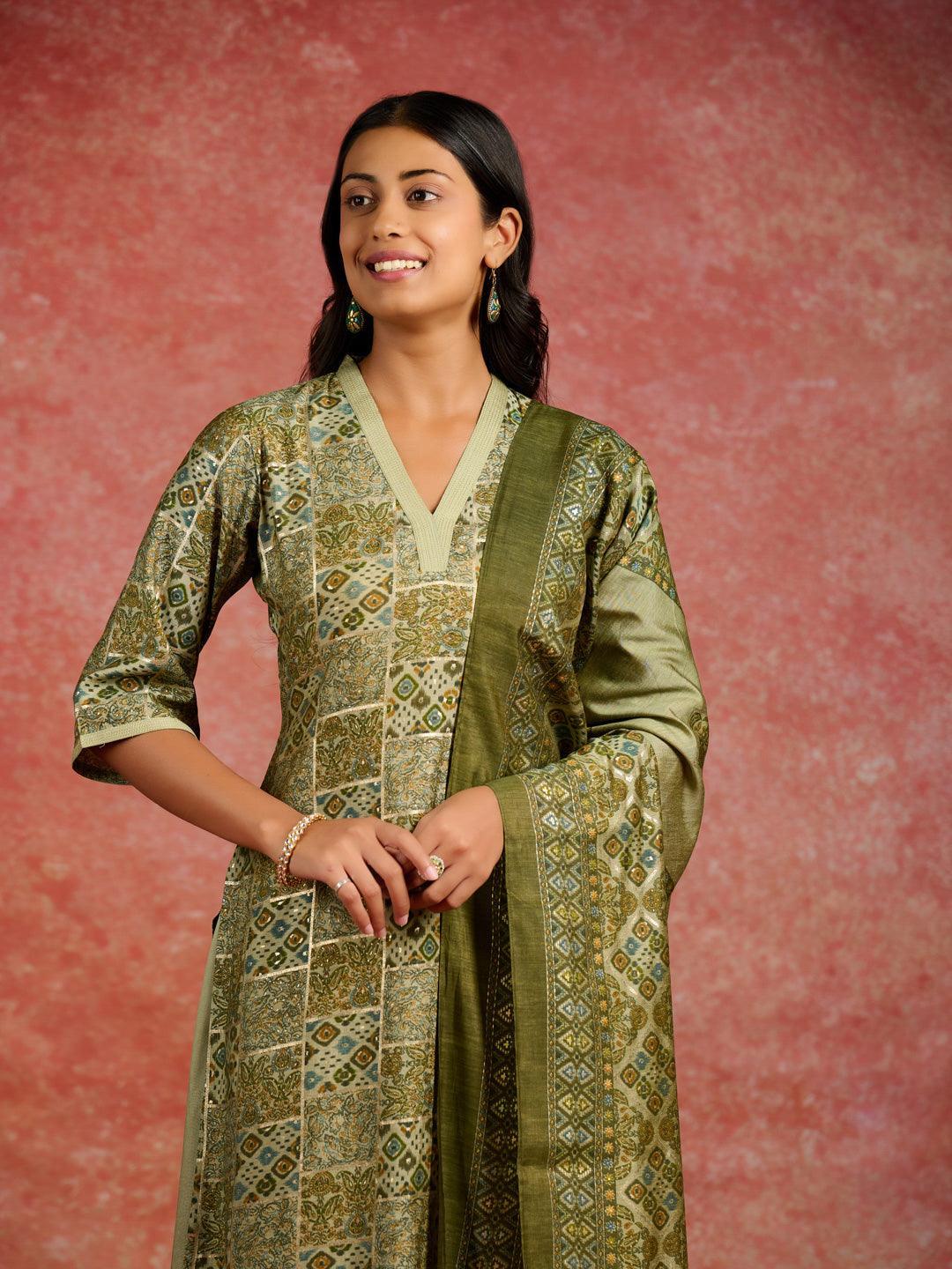 Green Printed Silk Blend Straight Kurta With Salwar & Dupatta - ShopLibas