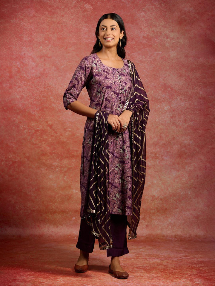 Burgundy Printed Silk Blend Straight Suit With Dupatta
