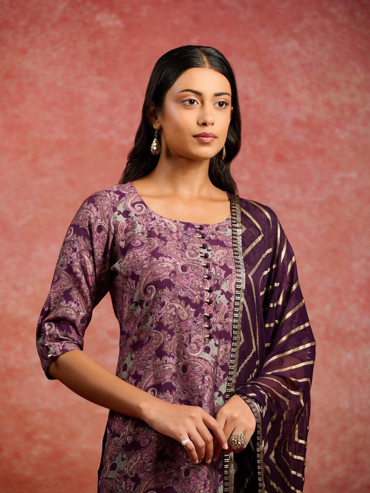 Burgundy Printed Silk Blend Straight Suit With Dupatta