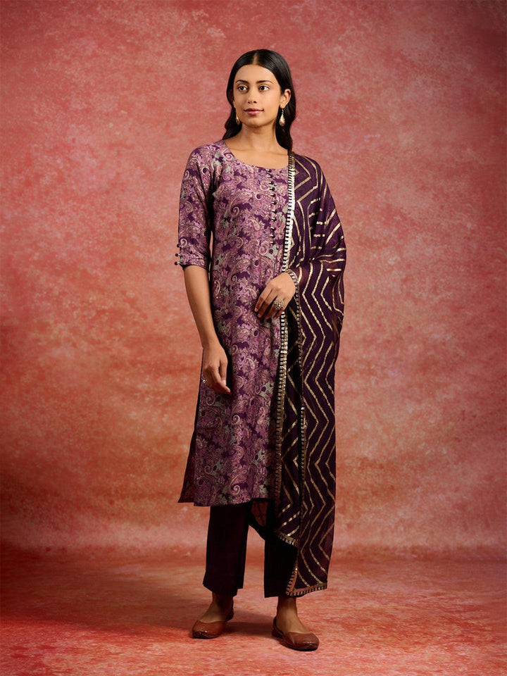 Burgundy Printed Silk Blend Straight Suit With Dupatta