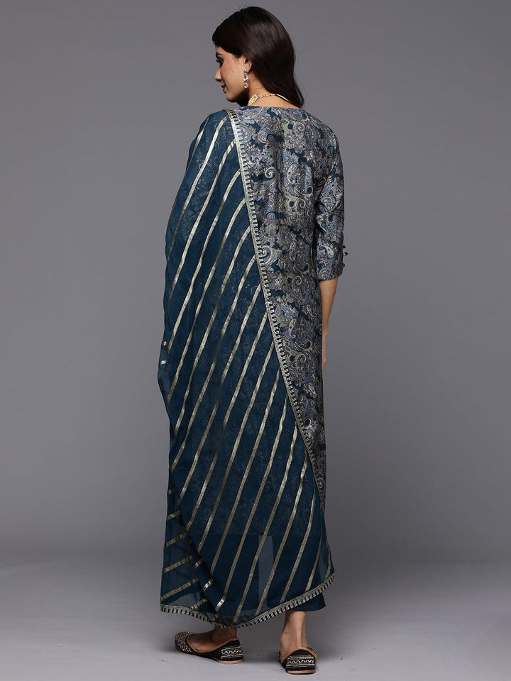 Blue Printed Silk Blend Straight Suit With Dupatta