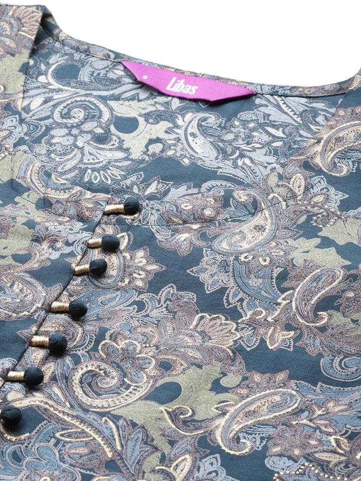 Blue Printed Silk Blend Straight Suit With Dupatta