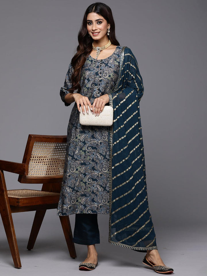 Blue Printed Silk Blend Straight Suit With Dupatta