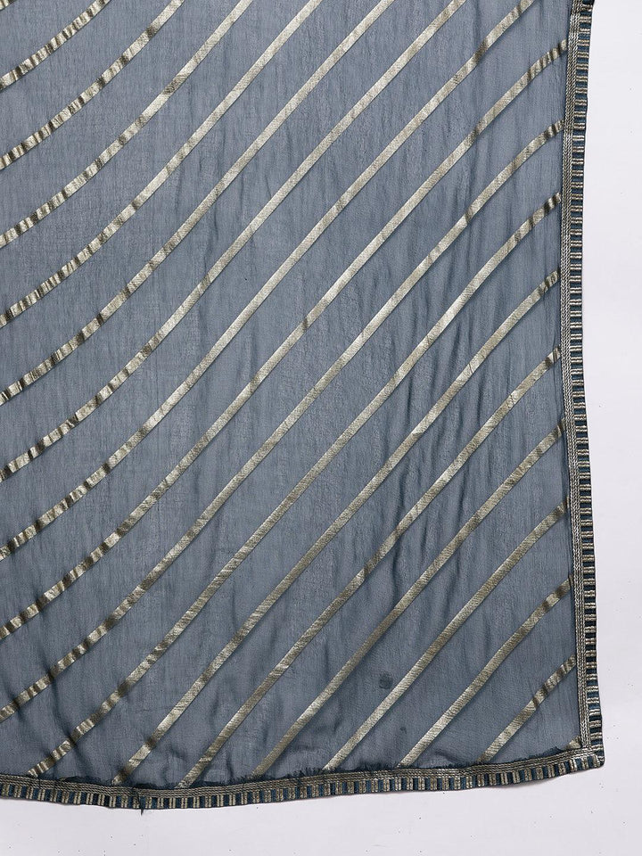 Blue Printed Silk Blend Straight Suit With Dupatta