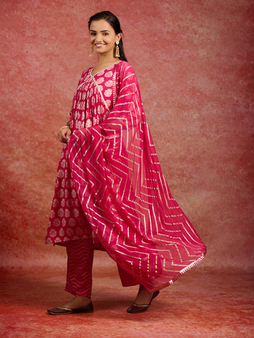 Pink Printed Silk Blend A-Line Kurta With Trousers & Dupatta - ShopLibas