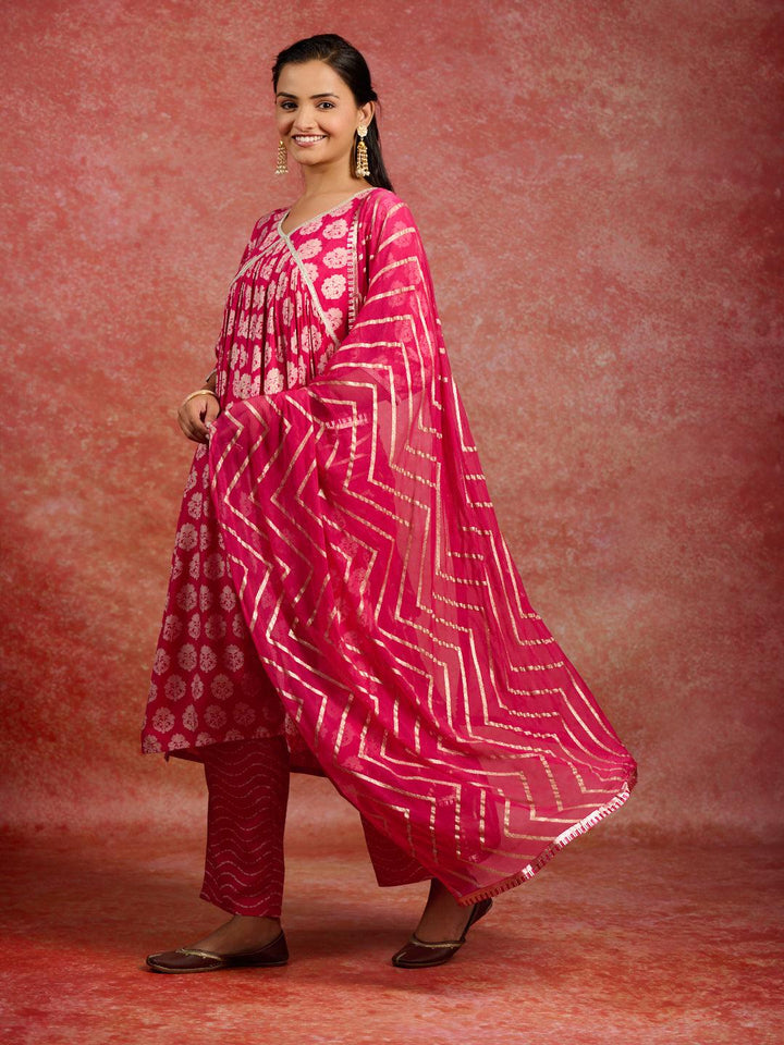 Pink Printed Silk Blend A-Line Kurta With Trousers & Dupatta