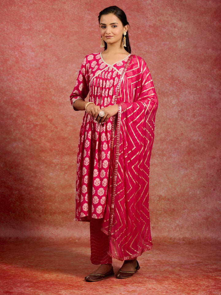 Pink Printed Silk Blend A-Line Kurta With Trousers & Dupatta