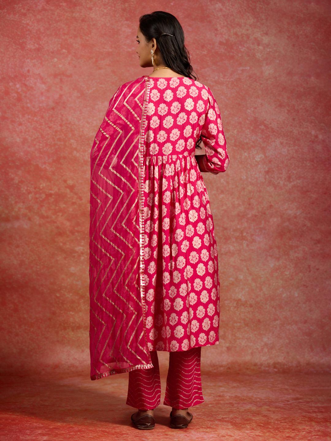 Pink Printed Silk Blend A-Line Kurta With Trousers & Dupatta - ShopLibas