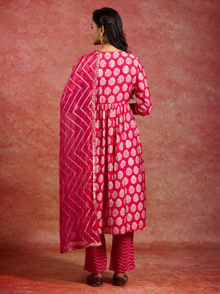 Pink Printed Silk Blend A-Line Kurta With Trousers & Dupatta